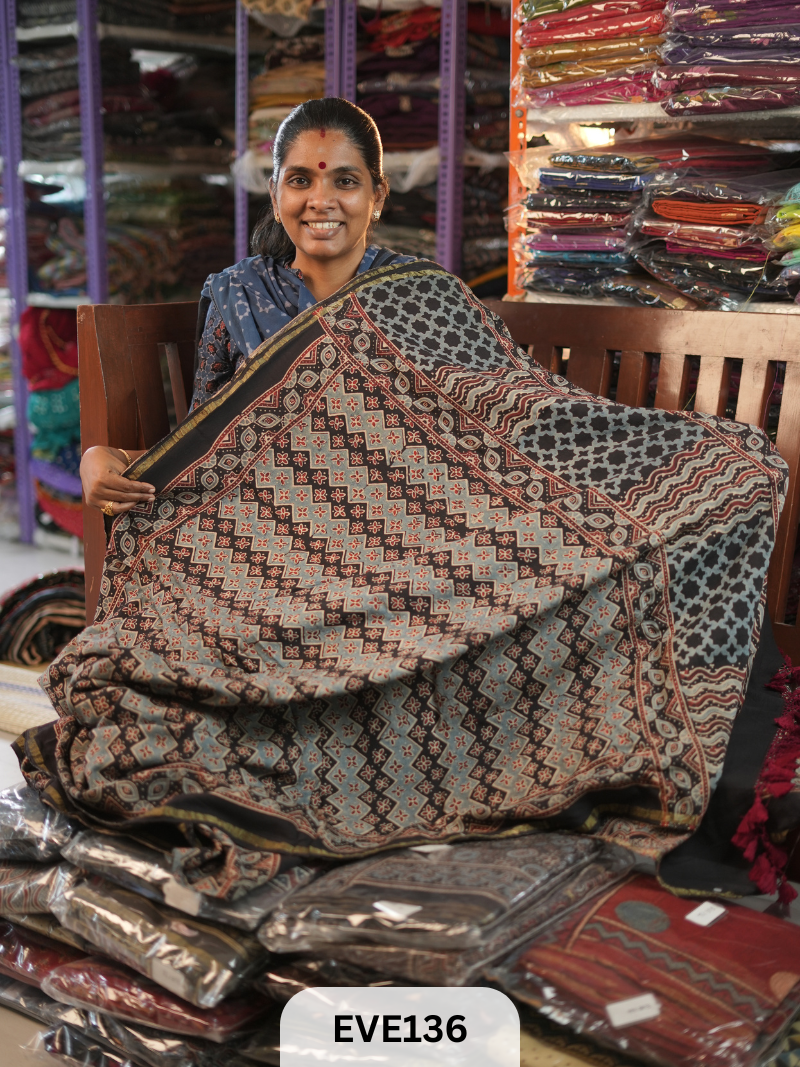 PURE CHANDERI SILK AJRAKH HANDBLOCK SAREE