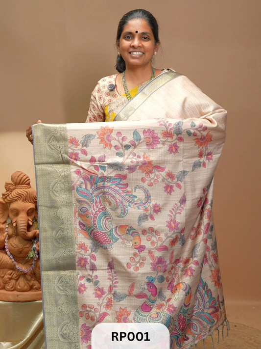 Elegant Semi Tussar Silk Saree -1  | Off white |cream colour with a multi coloured floral and patterned design 