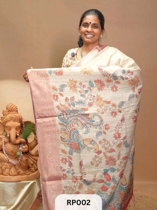 Elegant_Semi_Tussar_Silk_Saree_-2 |Cream colour | Light pink border and pallu featuring multi- colored floral and peacock designs