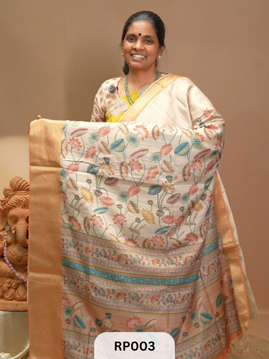 Elegant_Semi_Tussar_Silk_Saree_-3 | Light orange | multi coloured patterned design 