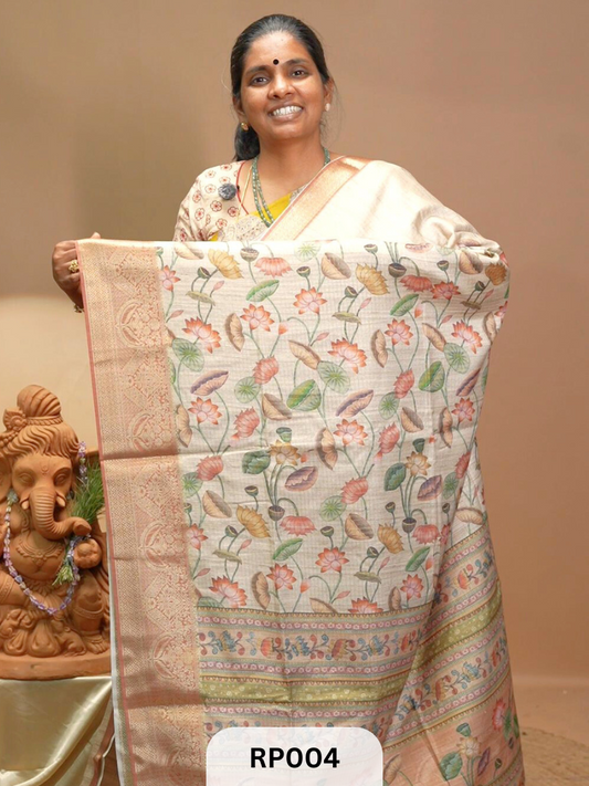 Elegant_Semi_Tussar_Silk_Saree_- 4 | Off white | Light backround with a prominent floral design 