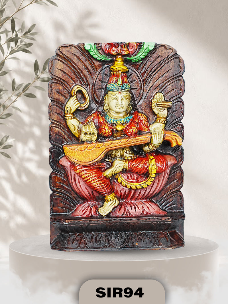 ETERNAL WISDOM WOODEN SARASWATI PLAQUE | H:12 INCH W:8 INCH
