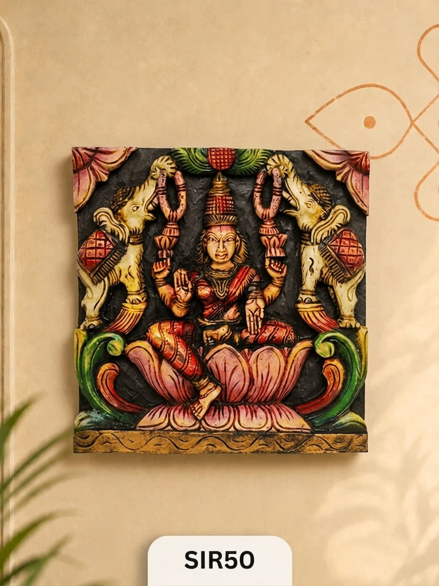 GAJA LAKSHMI WOODEN WALL PANEL - Height 12" INCH, WIDTH 12"INCH