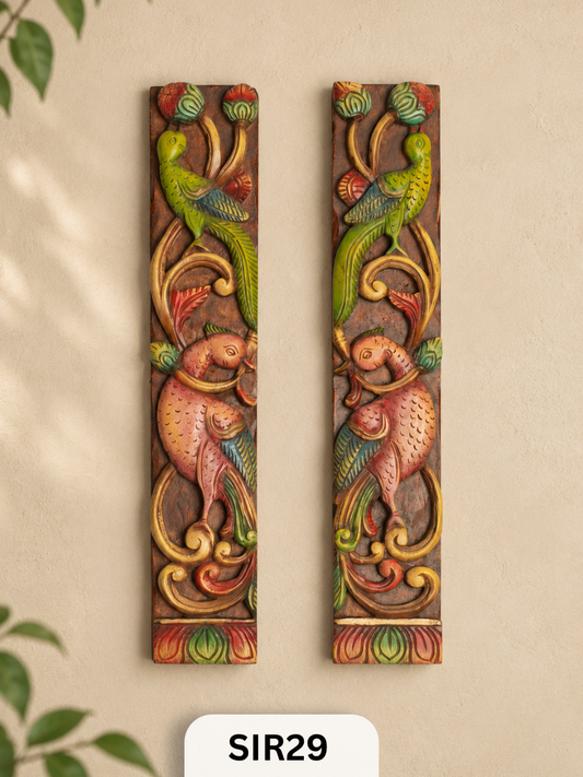 Wooden Peacock Wall Panel Pair - Height 20.5" INCH, WIDTH 3.5"INCH