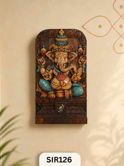Handcrafted Wooden Ganesha Wall Hanging – Traditional Temple Art