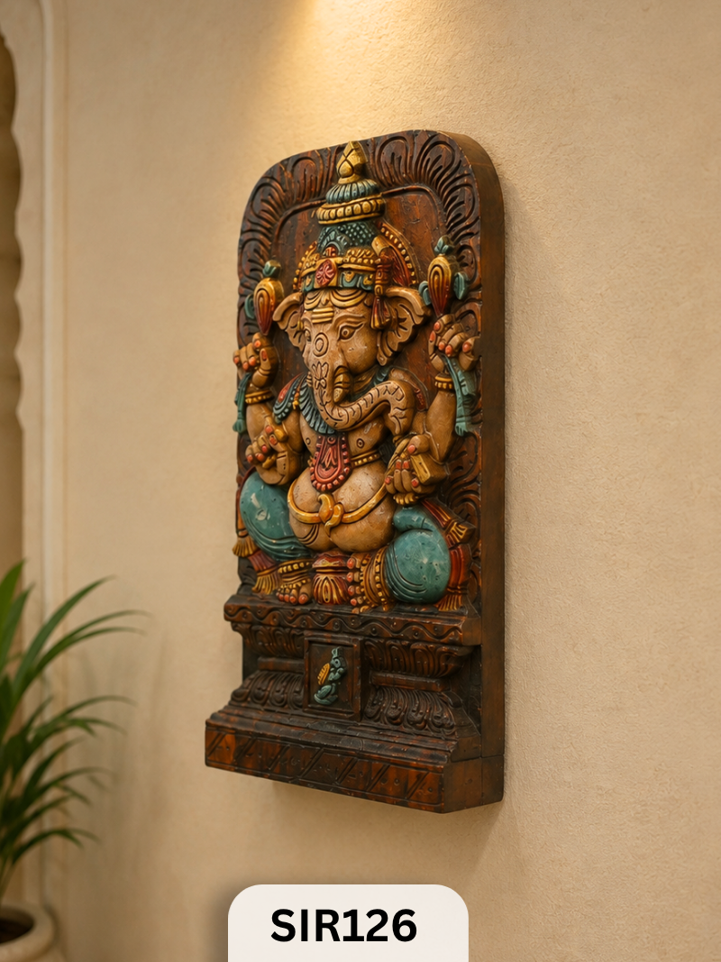 Handcrafted Wooden Ganesha Wall Hanging – Traditional Temple Art