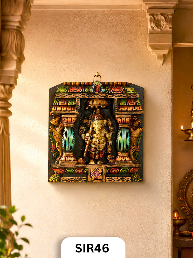 Wooden Lord Vinayagar With Umbrella Wall Frame - Height 12" INCH, WIDTH 12"INCH