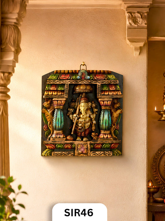 Wooden Lord Vinayagar With Umbrella Wall Frame - Height 12" INCH, WIDTH 12"INCH