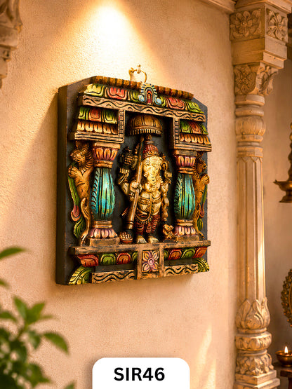 Wooden Lord Vinayagar With Umbrella Wall Frame - Height 12" INCH, WIDTH 12"INCH