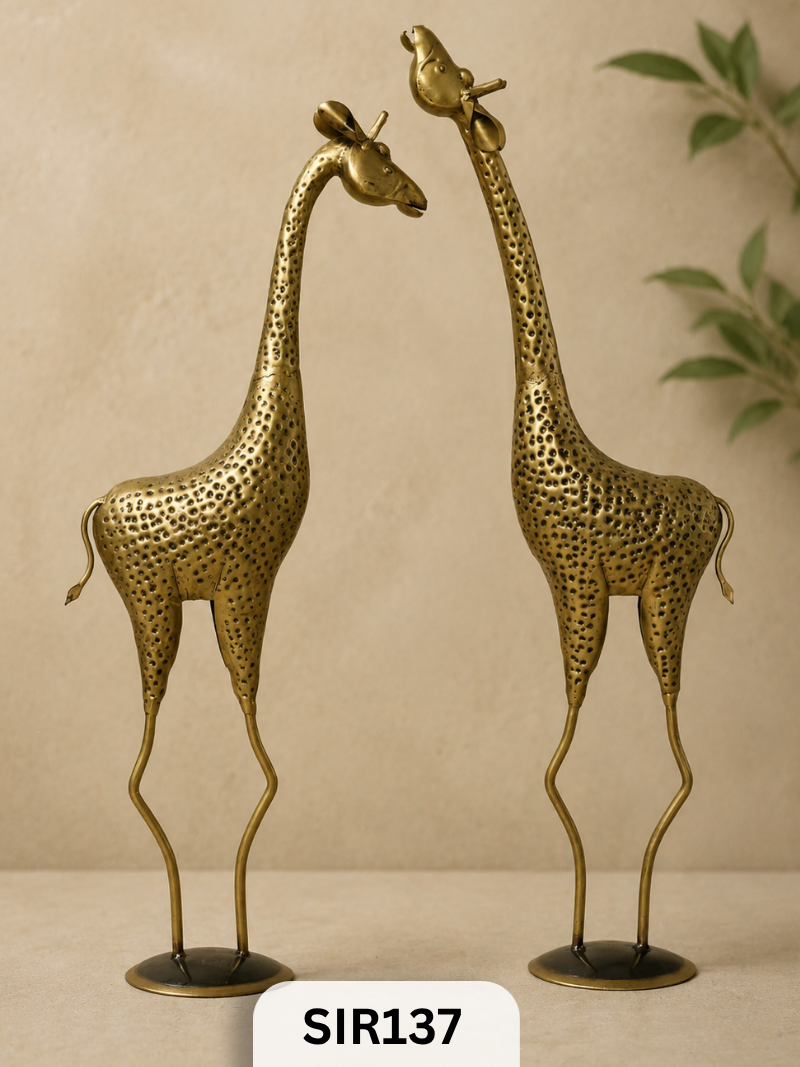 Royal Antique Metal African Giraffe Decor Pair | Brass Coated