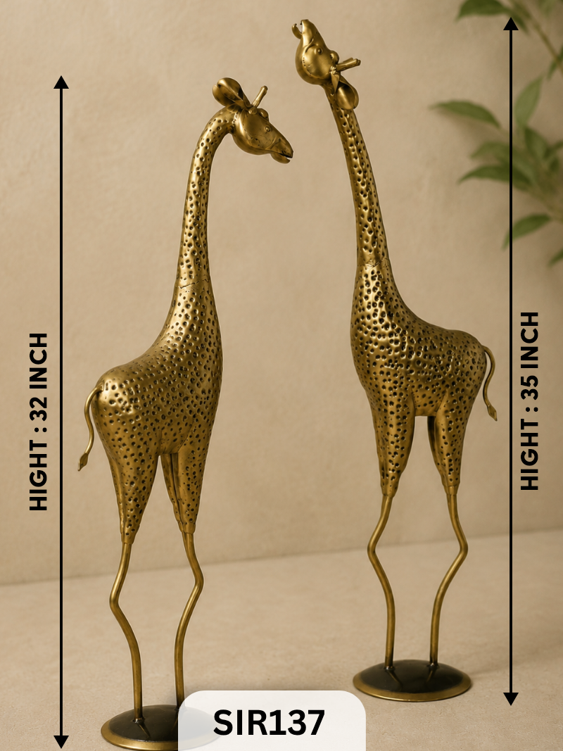 Royal Antique Metal African Giraffe Decor Pair | Brass Coated