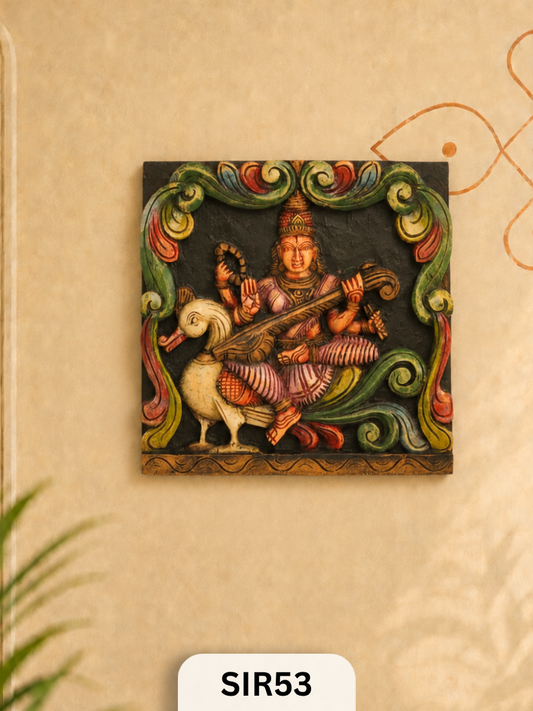 WOODEN GODDESS SARASWATHI STATUE - Height 12" INCH, WIDTH 12"INCH