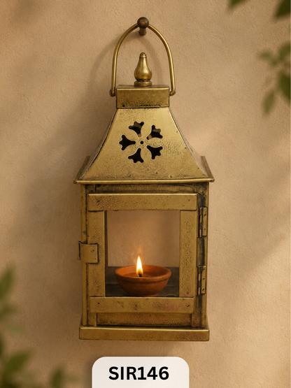 Iron Perforated Hanging Lanter | Brass Coated | H:10.5 Inch W:4.3 Inch