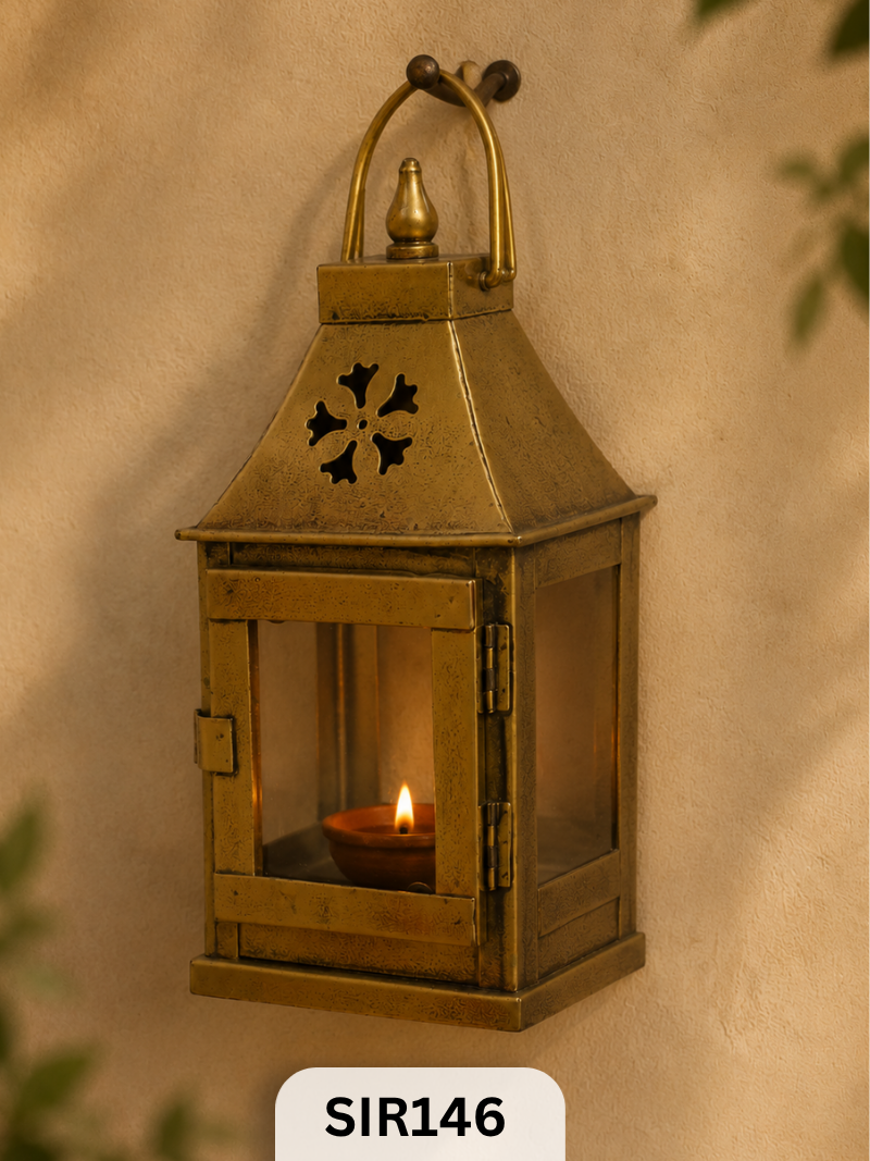 Iron Perforated Hanging Lanter | Brass Coated | H:10.5 Inch W:4.3 Inch