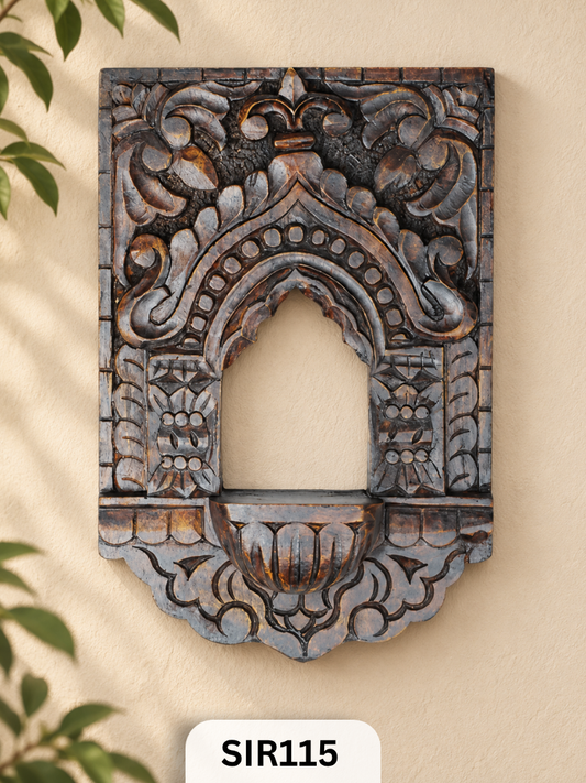 Handcrafted Wooden Temple Arch Tealight Holder | Vintage Wall Decor & Diya Shelf