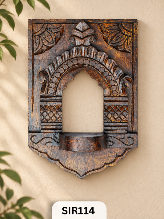 Handcrafted Wooden Temple Arch Tealight Holder | Vintage Wall Decor & Diya Shelf
