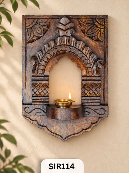 Handcrafted Wooden Temple Arch Tealight Holder | Vintage Wall Decor & Diya Shelf