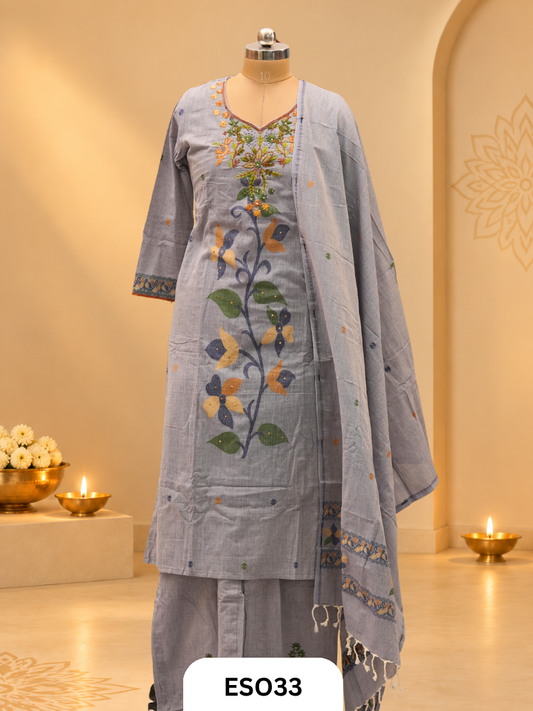 Light Denim Jamdhani cotton  3 Pcs Set