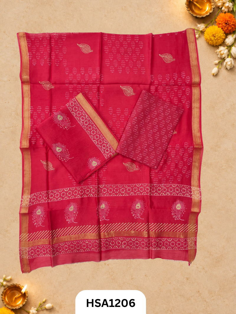 HandBlock Printed Maheshwari Silk Zari Border Top & dupttas 2.5 Mtrs | Bottom cotton 2.50 mtrs