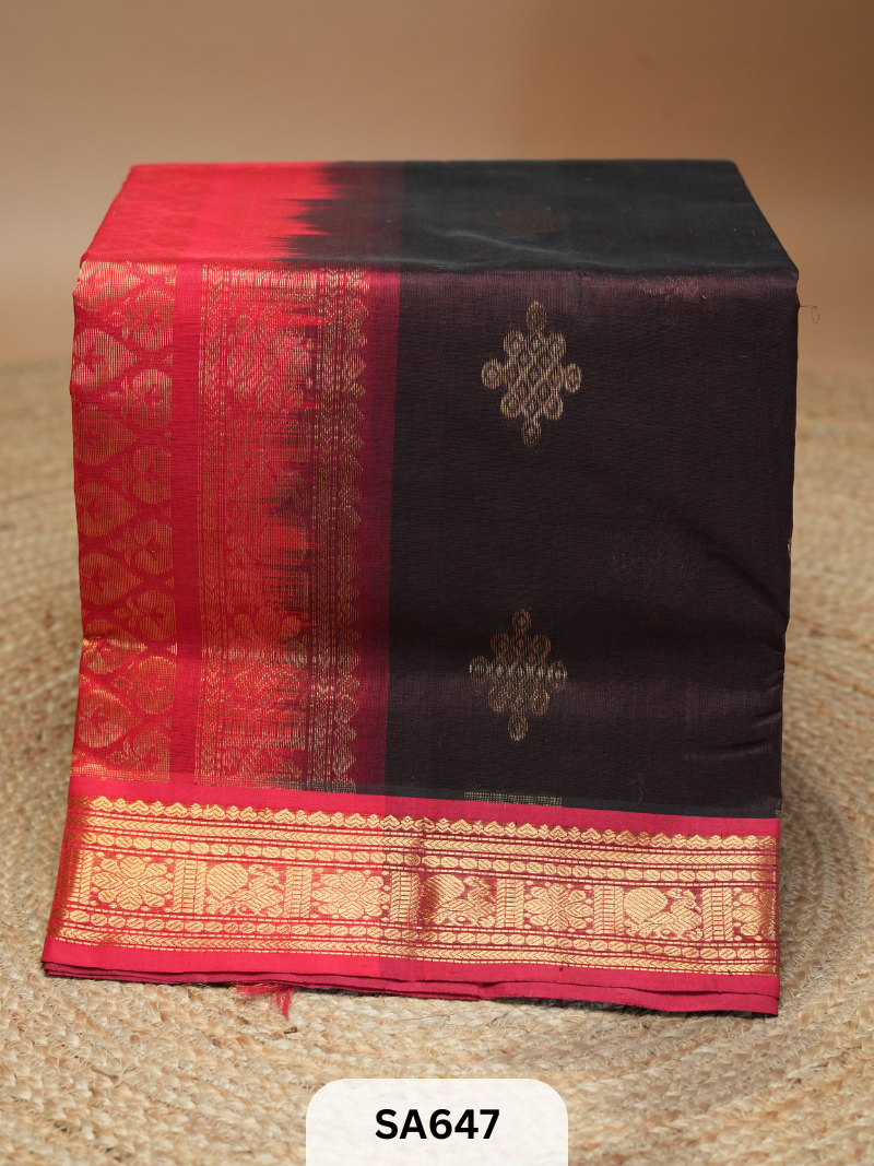 PURE COTTON SILK SAREE  | KOLAM MOTIFS | BROWN WITH RED