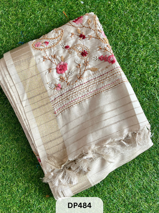 Premium Semi Tussar Hand embroidery work | Beige color