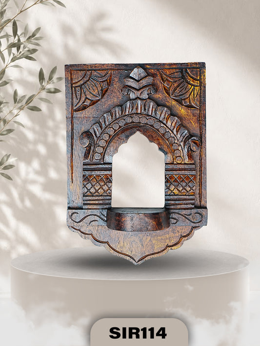 Handcrafted Wooden Temple Arch Tealight Holder | Vintage Wall Decor & Diya Shelf