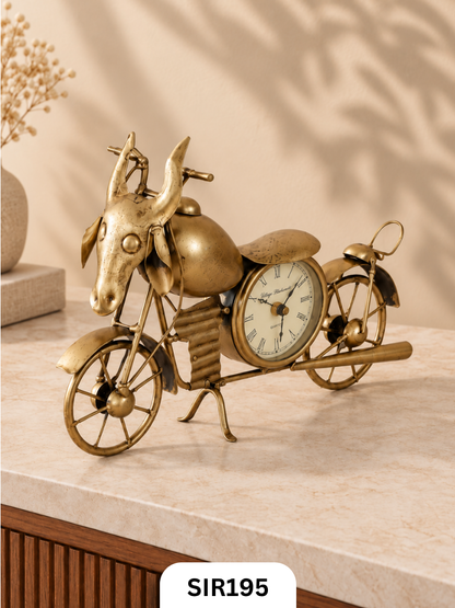 Vintage Bull Rider Motorcycle Table Clock | Antique Brass Finish