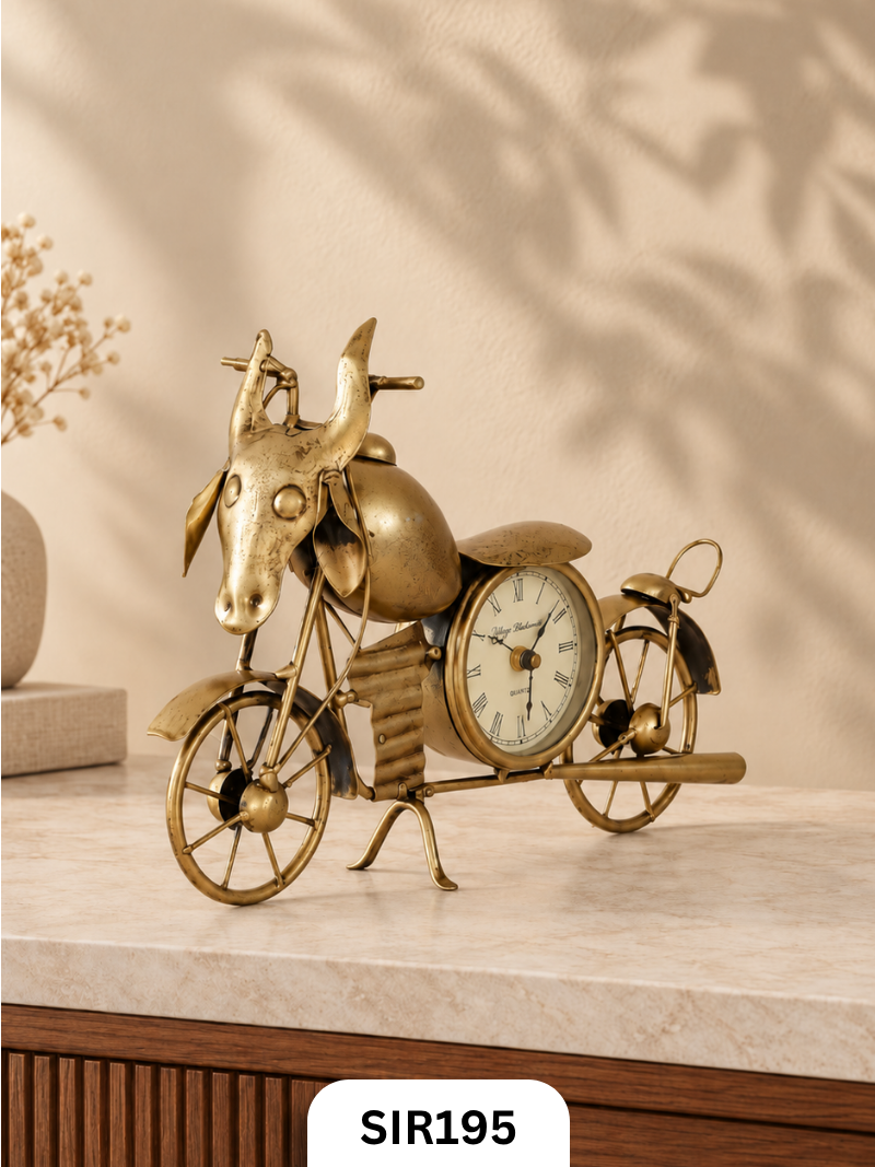 Vintage Bull Rider Motorcycle Table Clock | Antique Brass Finish