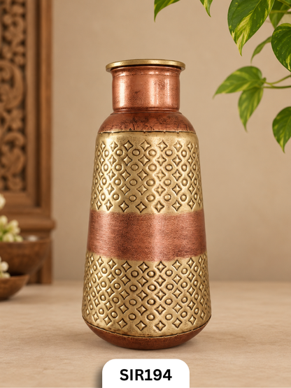 Antique Geometric Embossed Metal Flower Vase | Antique Brass & Copper Finish