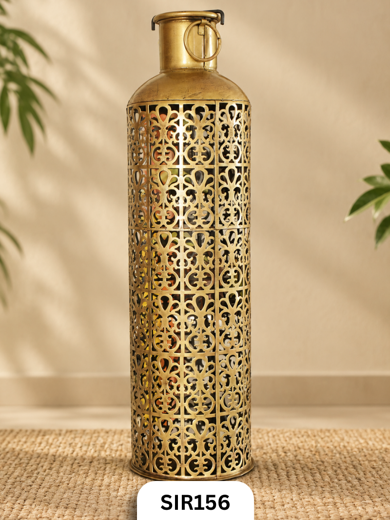 Vintage floor lantern with candle stand or Flower Vase | Brass Coated | H : 26.5 IN W : 7.5 IN