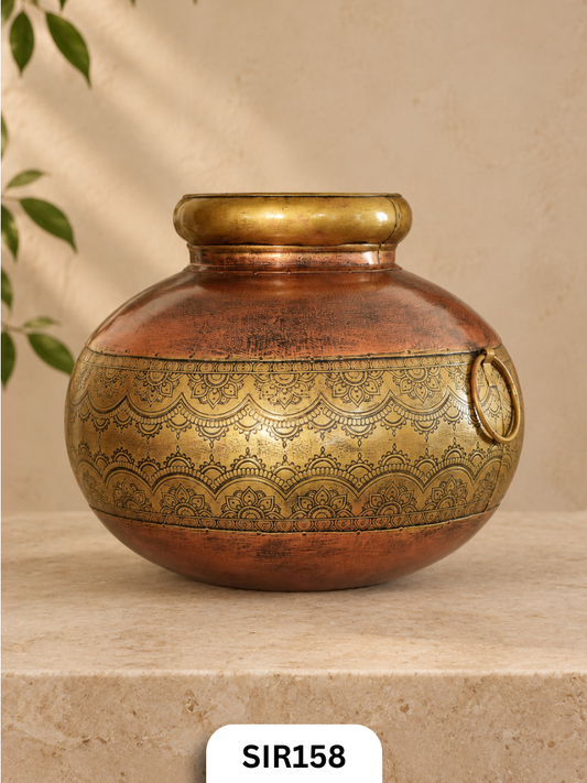 Vintage Mandala Engraved Decorative Pot | Brass Coated & Copper Coated | 32*32*27 CMS
