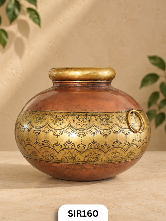 Big Vintage Mandala Engraved Decorative Pot | Brass Coated & Copper Coated | 38*38*33 CMS