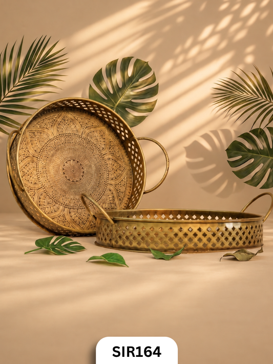 Jodhpur Royale Mandala Serving Metal Tray Set | Brass Coated