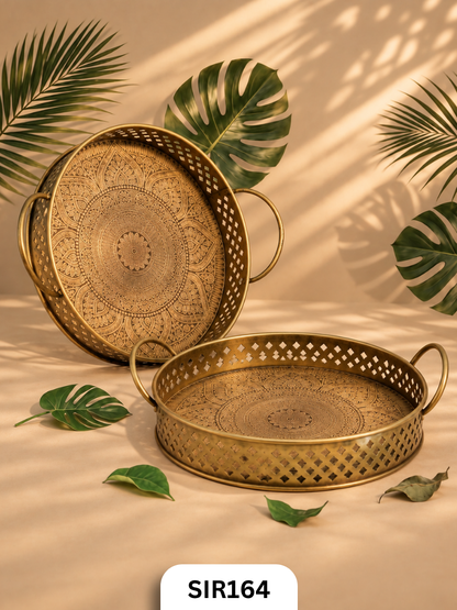 Jodhpur Royale Mandala Serving Metal Tray Set | Brass Coated