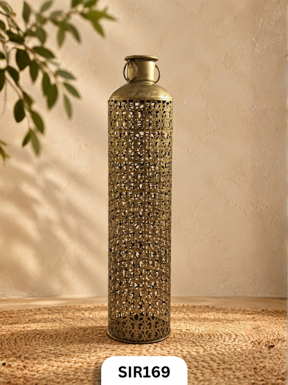 Golden Lantern with Candle Stand or Flower Vase | Antique Brass Finish | H: 34 Inch W: 8 Inch