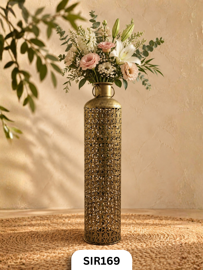 Golden Lantern with Candle Stand or Flower Vase | Antique Brass Finish | H: 34 Inch W: 8 Inch