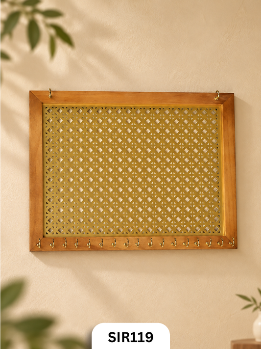 WOODEN LONG KEYHOLDER WITH BRASSCOATED JALI-Length 13''width 17''