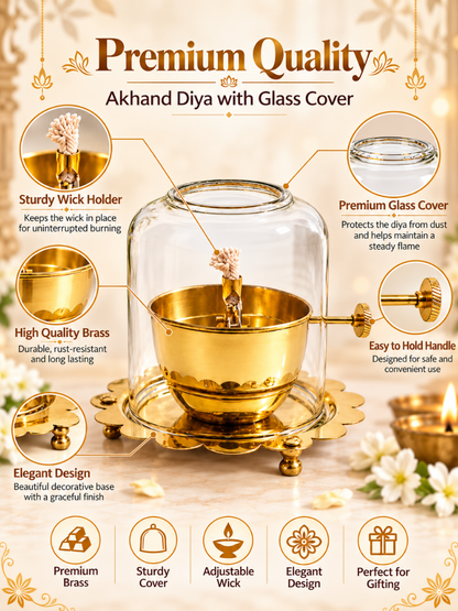 Akhand Jyoti Diya with Glass Cover, Traditional Pooja Oil Lamp | Pure Brass