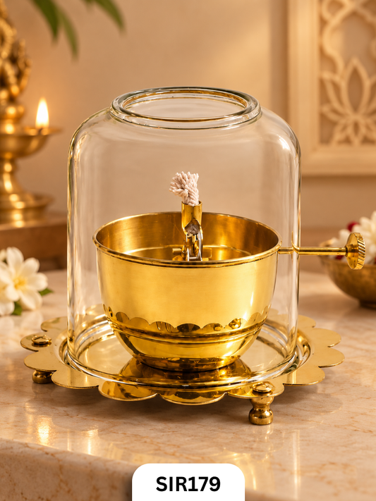 Akhand Jyoti Diya with Glass Cover, Traditional Pooja Oil Lamp | Pure Brass