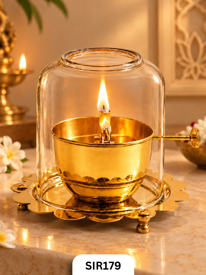 Akhand Jyoti Diya with Glass Cover, Traditional Pooja Oil Lamp | Pure Brass