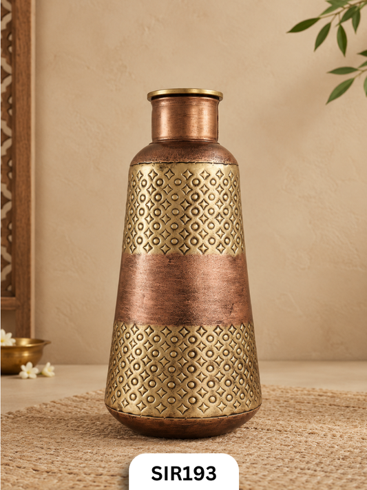 Vintage Geometric Engraved Decorative Flower Vase | Antique Brass & Copper Finish