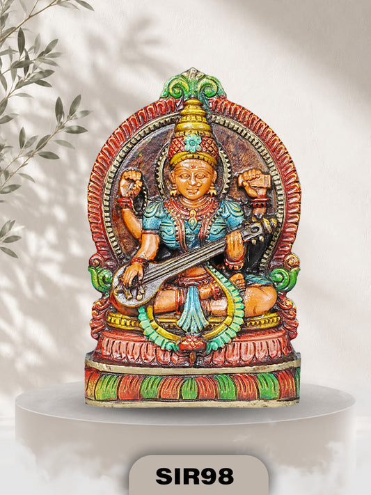 AARADHYA VEENA SARASWATI HERITAGE WOODEN IDOL | HANDCRAFTED DIVINE WALL & TABLE DECOR | H:12 INCH W:8 INCH