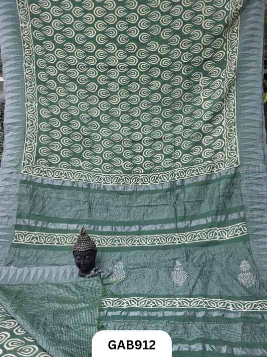 Temple Zari Border Hand Block Printed Katan Cotton Silk Saree With Running Blouse
