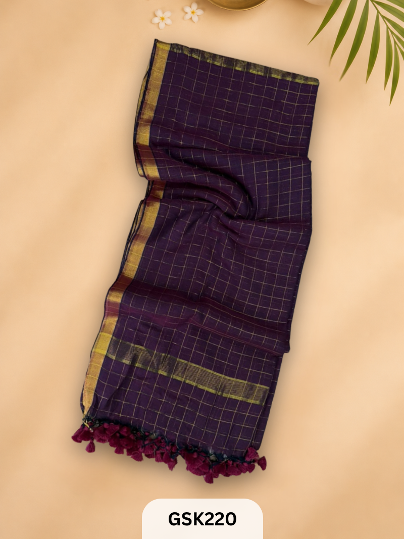 Pure Mulcotton  120 count premium  Checked Zari border with Tassel