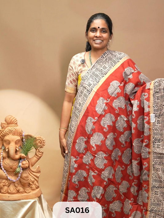 Kalamkari malmal cotton saree with zari Border