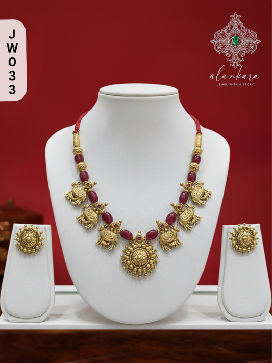 PREMIUM ANTIQUE NANDHI WITH RUBY NECKSET - MARRON