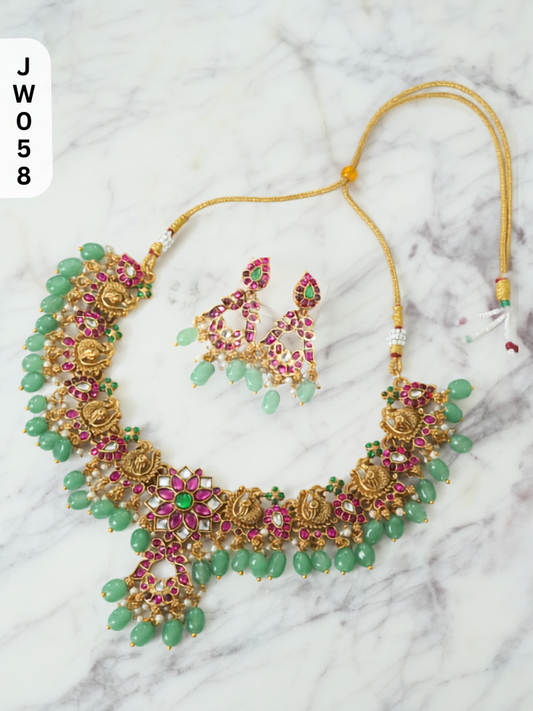 PINK STONE NECKSET WITH GREEN BEADS - FREE SHIPPING